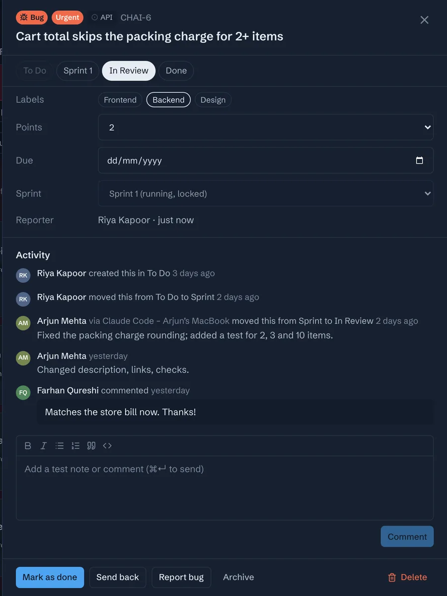 A card moved to In Review via Claude Code, with the developer’s note about the fix