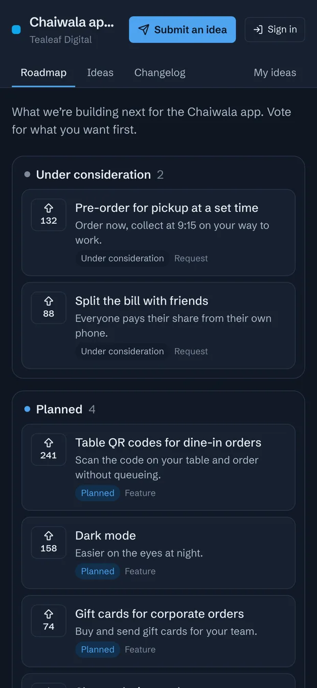 A public roadmap on a phone: ideas under consideration and planned features with vote counts